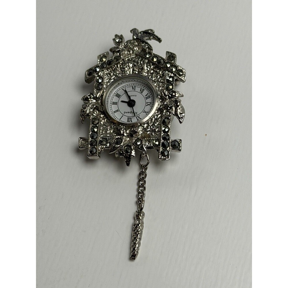 Regent Cuckoo Clock Brooch Pin Watch Silver Tone Marcasite Quartz Working